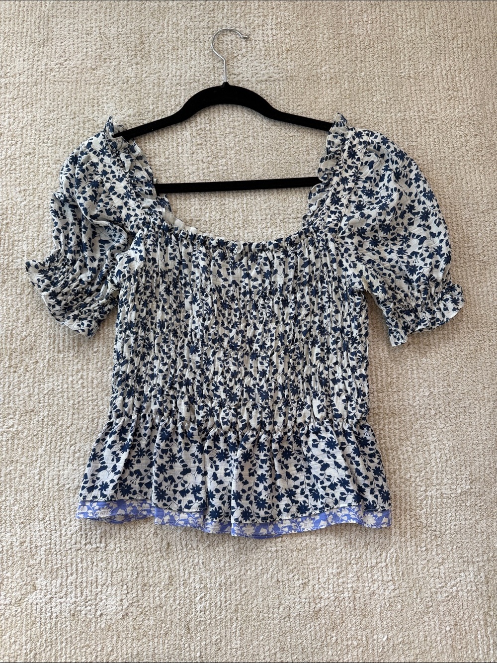 Tanya Taylor Navy Floral Smocked Puff-Sleeve Top